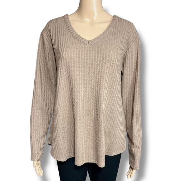 Chaser Womens Waffle Knit Pullover Swing Top Brown Long Sleeve V Neck Medium - Picture 1 of 9